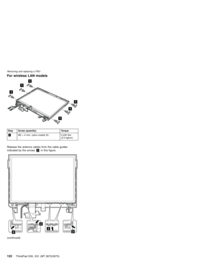 Page 126For wireless LAN models
1
1
1
1
1
1
Step Screw (quantity) Torque
1M2×4 mm, nylon-coated (6) 0.245 Nm
(2.5 kgfcm)
Release the antenna cables from the cable guides
indicated by the arrows2in this figure.
2
2
22
(continued)
Removing and replacing a FRU
122ThinkPad X30, X31 (MT 2672/2673) 