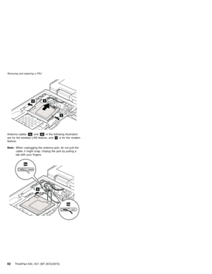 Page 8632
2
Antenna cables4aand4bin the following illustration
are for the wireless LAN feature, and5is for the modem
feature.
Note:When unplugging the antenna jack, do not pull the
cable; it might snap. Unplug the jack by pulling a
tab with your fingers.
5
4a
4b
Removing and replacing a FRU
82ThinkPad X30, X31 (MT 2672/2673) 
