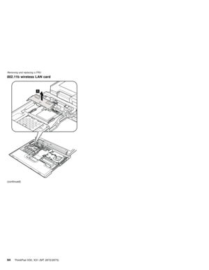 Page 88802.11b wireless LAN card
1
(continued)
Removing and replacing a FRU
84ThinkPad X30, X31 (MT 2672/2673) 