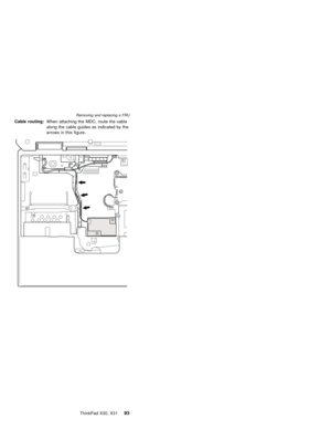 Page 97Cable routing:When attaching the MDC, route the cable
along the cable guides as indicated by the
arrows in this figure.
Removing and replacing a FRU
ThinkPad X30, X3193 