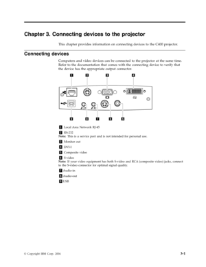 Page 27Chapter
 
3.
 
Connecting
 
devices
 
to
 
the
 
projector
 
This
 
chapter
 
provides
 
information
 
on
 
connecting
 
devices
 
to
 
the
 
C400
 
projector.
 
Connecting
 
devices
 
Computers
 
and
 
video
 
devices
 
can
 
be
 
connected
 
to
 
the
 
projector
 
at
 
the
 
same
 
time.
 
Refer
 
to
 
the
 
documentation
 
that
 
comes
 
with
 
the
 
connecting
 
device
 
to
 
verify
 
that
 
the
 
device
 
has
 
the
 
appropriate
 
output
 
connector.
    
 
 
1
 
Local
 
Area
 
Network
 
RJ-45...