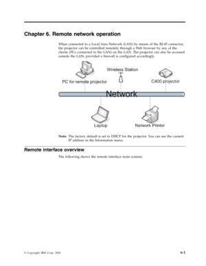 Page 43Chapter
 
6.
 
Remote
 
network
 
operation
 
When
 
connected
 
to
 
a
 
Local
 
Area
 
Network
 
(LAN)
 
by
 
means
 
of
 
the
 
RJ-45
 
connector,
 
the
 
projector
 
can
 
be
 
controlled
 
remotely
 
through
 
a
 
We b
 
browser
 
by
 
any
 
of
 
the
 
clients
 
(PCs
 
connected
 
to
 
the
 
LAN)
 
on
 
the
 
LAN.
 
The
 
projector
 
can
 
also
 
be
 
accessed
 
outside
 
the
 
LAN,
 
provided
 
a
 
firewall
 
is
 
configured
 
accordingly.
    
 
Note:
 
 
The
 
factory
 
default
 
is
 
set
 
to...