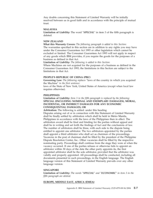 Page 73Any
 
doubts
 
concerning
 
this
 
Statement
 
of
 
Limited
 
Warranty
 
will
 
be
 
initially
 
resolved
 
between
 
us
 
in
 
good
 
faith
 
and
 
in
 
accordance
 
with
 
the
 
principle
 
of
 
mutual
 
trust.
 
MALAYSIA
 
Limitation
 
of
 
Liability:
 
The
 
word
 
″SPECIAL″
 
in
 
item
 
3
 
of
 
the
 
fifth
 
paragraph
 
is
 
deleted.
 
NEW
 
ZEALAND
 
What
 
this
 
Warranty
 
Covers:
 
The
 
following
 
paragraph
 
is
 
added
 
to
 
this
 
Section:
 
The
 
warranties
 
specified
 
in
 
this...