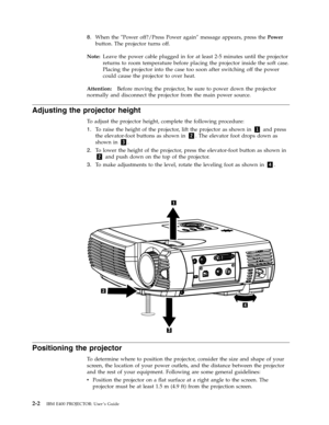 Page 228.
   
 
When
 
the
 
″Power
 
off?/Press
 
Power
 
again″
 
message
 
appears,
 
press
 
the
 
Power
 
button.
 
The
 
projector
 
turns
 
off.
Note:
   
Leave
 
the
 
power
 
cable
 
plugged
 
in
 
for
 
at
 
least
 
2-5
 
minutes
 
until
 
the
 
projector
 
returns
 
to
 
room
 
temperature
 
before
 
placing
 
the
 
projector
 
inside
 
the
 
soft
 
case.
 
Placing
 
the
 
projector
 
into
 
the
 
case
 
too
 
soon
 
after
 
switching
 
off
 
the
 
power
 
could
 
cause
 
the
 
projector
 
to
 
over...