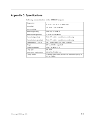 Page 47Appendix
 
C.
 
Specifications
 
Following
 
are
 
specifications
 
for
 
the
 
IBM
 
E400
 
projector.
  
Temperature
 
(operating)
 
(non-operating)
 
5°
 
to
 
35°
 
C
 
(41°
 
to
 
95°
 
F)
 
at
 
sea
 
level
 
-10°
 
to
 
60°
 
C(14°
 
to
 
140°
 
F)
 
Altitude
 
(operating)
 
Altitude
 
(non-operating)
 
3,048
 
m
 
(0
 
to
 
10,000
 
ft)
 
12,192
 
m
 
(0
 
to
 
40,000
 
ft)
 
Humidity
 
(operating)
 
Humidity
 
(non-operating)
 
5%
 
to
 
90%
 
relative
 
humidity,
 
non-condensing
 
5%
 
to...