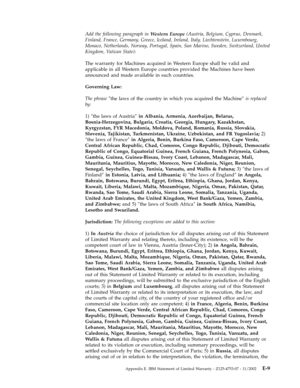 Page 67Add
 
the
 
following
 
paragraph
 
in
 
Western
 
Europe
 
(Austria,
 
Belgium,
 
Cyprus,
 
Denmark,
 
Finland,
 
France,
 
Germany,
 
Greece,
 
Iceland,
 
Ireland,
 
Italy,
 
Liechtenstein,
 
Luxembourg,
 
Monaco,
 
Netherlands,
 
Norway,
 
Portugal,
 
Spain,
 
San
 
Marino,
 
Sweden,
 
Switzerland,
 
United
 
Kingdom,
 
Vatican
 
State):
 
The
 
warranty
 
for
 
Machines
 
acquired
 
in
 
Western
 
Europe
 
shall
 
be
 
valid
 
and
 
applicable
 
in
 
all
 
Western
 
Europe
 
countries
 
provided...