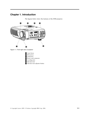 Page 17Chapter 1. Introduction 
The figures below show the features of the E500 projector. 
 
 
1 Lens/focus 
2 IR receiver 
3Connectors 
4Power cord connector 
5 Leveling foot 
6 Elevator foot 
7 Elevator foot adjuster button
 
 
 
Figure 1-1. Front right view of projector
 
© Copyright Lenovo 2005. © Portions Copyright IBM Corp. 2004. 1-1   