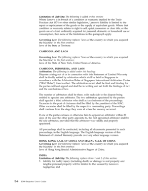 Page 60Limitation of Liability: The following is added to this section: 
Where Lenovo is in breach of a condition or warranty implied by the Trade 
Practices Act 1974 or other similar legislation, Lenovo’s liability is limited to the 
repair or replacement of the goods or the supply of equivalent goods. Where that 
condition or warranty relates to right to sell, quiet possession or clear title, or the 
goods are of a kind ordinarily acquired for personal, domestic or household use or 
consumption, then none of...