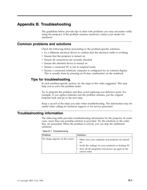 Page 57Appendix
 
B.
 
Troubleshooting
 
The
 
guidelines
 
below
 
provide
 
tips
 
to
 
deal
 
with
 
problems
 
you
 
may
 
encounter
 
while
 
using
 
the
 
projector.
 
If
 
the
 
problem
 
remains
 
unsolved,
 
contact
 
your
 
dealer
 
for
 
assistance.
 
Common
 
problems
 
and
 
solutions
 
Check
 
the
 
following
 
before
 
proceeding
 
to
 
the
 
problem-specific
 
solutions.
 
v
   
 
Us
 
a
 
different
 
electrical
 
device
 
to
 
confirm
 
that
 
the
 
electrical
 
outlet
 
is
 
working.
 
v...