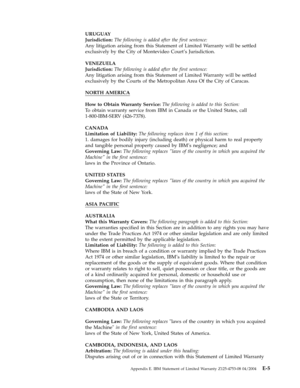 Page 71URUGUAY
Jurisdiction:
 
The
 
following
 
is
 
added
 
after
 
the
 
first
 
sentence:
 
Any
 
litigation
 
arising
 
from
 
this
 
Statement
 
of
 
Limited
 
Warranty
 
will
 
be
 
settled
 
exclusively
 
by
 
the
 
City
 
of
 
Montevideo
 
Court’s
 
Jurisdiction.
 
VENEZUELA
Jurisdiction:
 
The
 
following
 
is
 
added
 
after
 
the
 
first
 
sentence:
 
Any
 
litigation
 
arising
 
from
 
this
 
Statement
 
of
 
Limited
 
Warranty
 
will
 
be
 
settled
 
exclusively
 
by
 
the
 
Courts
 
of
 
the...