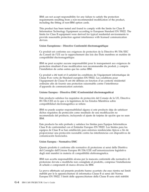 Page 90IBM
 
can
 
not
 
accept
 
responsibility
 
for
 
any
 
failure
 
to
 
satisfy
 
the
 
protection
 
requirements
 
resulting
 
from
 
a
 
non-recommended
 
modification
 
of
 
the
 
product,
 
including
 
the
 
fitting
 
of
 
non-IBM
 
option
 
cards.
 
This
 
product
 
has
 
been
 
tested
 
and
 
found
 
to
 
comply
 
with
 
the
 
limits
 
for
 
Class
 
B
 
Information
 
Technology
 
Equipment
 
according
 
to
 
European
 
Standard
 
EN
 
55022.
 
The
 
limits
 
for
 
Class
 
B
 
equipment
 
were...