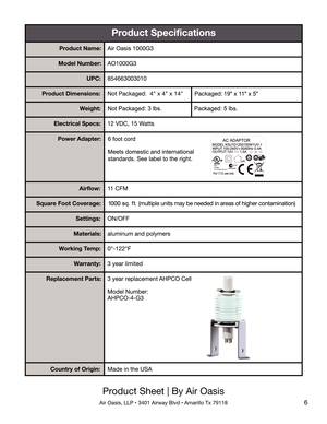 Page 6Product Sheet | By Air Oasis
Air Oasis, LLP • 3401 Airway Blvd • Amarillo Tx 791186 