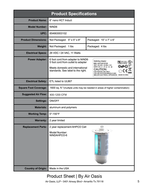 Page 5Product Sheet | By Air Oasis
Air Oasis, LLP • 3401 Airway Blvd • Amarillo Tx 791185 