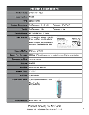 Page 7Product Sheet | By Air Oasis
Air Oasis, LLP • 3401 Airway Blvd • Amarillo Tx 791187 