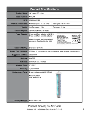 Page 6Product Sheet | By Air Oasis
Air Oasis, LLP • 3401 Airway Blvd • Amarillo Tx 791186 