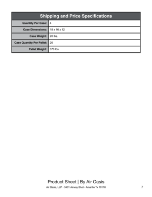 Page 7Product Sheet | By Air Oasis
Air Oasis, LLP • 3401 Airway Blvd • Amarillo Tx 791187 