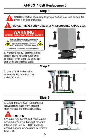 Page 6AHPCO™ Cell Replacement
Step 1
CAUTION: Before attempting to service the Air Oasis unit, be sure the 
power is off and unplugged.
DANGER - NEVER LOOK DIRECTLY AT ILLUMINATED AHPCO CELL
1. Remove two (2) screws at the 
bottom sides holding outer shell 
in place.  Then slide the shell up 
and off of the internal base.
Step 2
Step 3
3. Grasp the AHPCO®  Cell and pull
 upward to release from bracket
 then remove the lamp connector.
2. Use a  5/16 inch socket 
to remove the nuts from the 
AHPCO®  Cell....