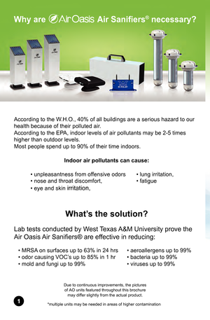 Page 2According to the W.H.O., 40% of all buildings are a serious hazard to our 
health because of their polluted air.
According to the EPA, indoor levels of air pollutants may be 2-5 times 
higher than outdoor levels.
Most people spend up to 90% of their time indoors.Indoor air pollutants can cause:
What’s the solution?  
Lab tests conducted by West Texas A&M University prove the 
Air Oasis Air Sanifiers® are effective in reducing:
• unpleasantness from offensive odors
• nose and throat discomfort,
• eye and...