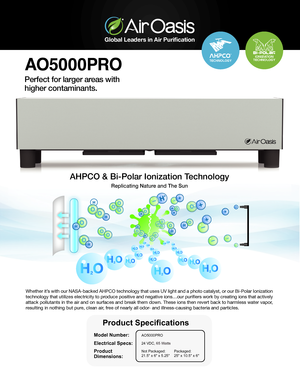 Page 1Global Leaders in Air Purification
Perfect for larger areas with
higher contaminants.
AO5000PRO
technologyAHPCO®
Product Specifications
Electrical Specs: Model Number:
Product 
Dimensions:24 VDC, 65 W atts
AO5000PRO
Not Packaged:
21.5 x 6 x 5.25 Packaged:
25 x 10.5 x 6
ionization
technology
AHPCO & Bi-Polar Ionization Technology
Replicating Nature and The Sun
Whether it’s with our NASA-backed AHPCO technology that uses UV light and a photo c\
atalyst, or our Bi-Polar Ionization 
technology that utilizes...