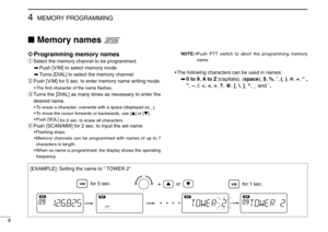 Page 129
4MEMORY PROGRAMMING
Memory names
ïProgramming memory names
qSelect the memory channel to be programmed:
➥Push [V/M] to select memory mode.
➥Turns [DIAL] to select the memory channel.
wPush [V/M] for 5 sec. to enter memory name writing mode.
•The ﬁrst character of the name ﬂashes.
eTurns the [DIAL] as many times as necessary to enter the
desired name.
•To erase a character, overwrite with a space (displayed as _).
•To move the cursor forwards or backwards, use [Y] or [Z].
•Push [SQL]
for 2 sec. to...