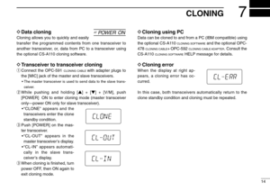 Page 1714
7CLONING
DData cloning 
Cloning allows you to quickly and easily
transfer the programmed contents from one transceiver to
another transceiver, or, data from PC to a transceiver using
the optional CS-A110 cloning software.
DTransceiver to transceiver cloning 
qConnect the OPC-591 CLONING CABLE with adapter plugs to
the [MIC] jack of the master and slave transceivers.
•The master transceiver is used to send data to the slave trans-
ceiver.
wWhile pushing and holding [Y] + [Z] + [V/M], push
[POWER]  ON...