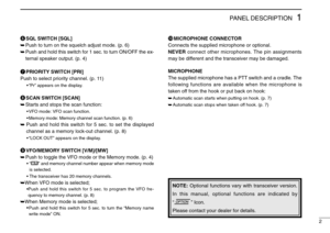 Page 52
1PANEL DESCRIPTION
ySQL SWITCH [SQL]
➥Push to turn on the squelch adjust mode. (p. 6)
➥Push and hold this switch for 1 sec. to turn ON/OFF the ex-
ternal speaker output. (p. 4)
uPRIORITY SWITCH [PRI]
Push to select priority channel. (p. 11)
•“Pr” appears on the display.
iSCAN SWITCH [SCAN]
➥Starts and stops the scan function:
•VFO mode: VFO scan function.
•Memory mode: Memory channel scan function. (p. 6)
➥Push and hold this switch for 5 sec. to set the displayed
channel as a memory lock-out channel....