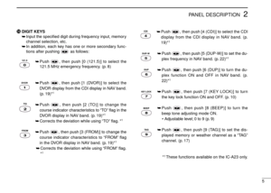 Page 95
2PANEL DESCRIPTION
!6DIGIT KEYS 
➥Input the speciﬁed digit during frequency input, memory
channel selection, etc.
➥In addition, each key has one or more secondary func-
tions after pushing  as follows:
➥Push  , then push [0 (121.5)] to select the
121.5 MHz emergency frequency. (p. 8)
➥Push  , then push [1 (DVOR)] to select the
DVOR display from the CDI display in NAV band.
(p. 19)*
1
➥Push  , then push [2 (TO)] to change the
course indicator characteristics to “TO”ﬂag in the
DVOR display in NAV band....