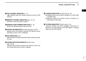 Page 116
1
PANEL DESCRIPTION
1
iTAG CHANNEL INDICATOR(p. 17)
“” appears when the memory channel is set as a TAG
channel.
oMEMORY CHANNEL INDICATOR (pgs. 12–15)
Shows the memory channel number.
!0MEMORY BANK NUMBER INDICATOR(p. 12)
Shows the selected memory bank number.
!1OVERFLOW INDICATOR (IC-A24 only) (pgs. 18–22)
Appears when the deviation between the desired course
and ﬂying course is over 10 degrees.
!2ANL INDICATOR(p. 9)
Appears while the ANL (Automatic Noise Limiter) function
is in use.
!3COURSE...