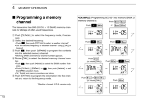 Page 1813
4
MEMORY OPERATION
Programming a memory
channelThe transceiver has 200 (20 CH. ×10 BANK) memory chan-
nels for storage of often-used frequencies.
qPush [CLR•
DEL
] to select the frequency mode, if neces-
sary.
wSelect the desired frequency.
• Push 
, then push [ENT•
WX
] to select a weather channel.*
•Set the desired frequency or weather channel* using [DIAL] or
keypad.
ePush 
, then push [MR•
MW
] to program the contents
into the selected memory channel.
•Memory BANK and memory channel number...