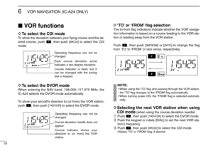 Page 2419
6
VOR NAVIGATION (IC-A24 ONLY)
VOR functionsDTo select the CDI modeTo show the deviation between your ﬂying course and the de-
sired course, push  , then push [4•
CDI
] to select the CDI
mode.
DTo select the DVOR modeWhen entering the NAV band, 108.000–117.975 MHz, the
IC-A24 selects the DVOR mode automatically.
To show your aircraft’s direction to (or from) the VOR station,
push  , then push [1•
DVOR
] to select the DVOR mode.
D‘TO’or ‘FROM’ﬂag selectionThe to-from ﬂag indicators indicate whether...