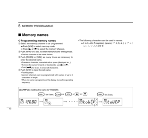 Page 1410
5
MEMORY PROGRAMMING
Memory namesïProgramming memory namesqSelect the memory channel to be programmed:
➥Push [V/M] to select memory mode.
➥Push [Y] or [Z] to select the memory channel.
wPush [M/W] for 5 sec. to enter memory name writing mode.
• The ﬁrst character of the name ﬂashes.
ePush [SCAN] or [SQL] as many times as necessary to
enter the desired name.
• To erase a character, overwritet with a space (displayed as _).
• To move the cursor forwards or backwards, use [Y] or [Z].
• Push [
] for 2...