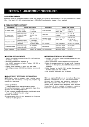 Page 125-1 PREPARATION
When you adjust the contents on page 5-5 or 5-6, SOFTWARE ADJUSTMENT, the optional CS-F3G ADJ ADJUSTMENT SOFTWARE
(Rev. 1.0 or later), OPC-478 CLONING CABLE and a JIG CABLE (see illustration at page 5-2) are required.
nREQUIRED TEST EQUIPMENT
5 - 1
SECTION 5 ADJUSTMENT PROCEDURES
EQUIPMENT
DC power supply
RF power meter
(terminated type)
Frequency counter
FM deviation meter
Digital multimeterGRADE AND RANGE
Output voltage : 7.2 V DC
Current capacity : 5 A or more
Measuring range : 1–10 W...