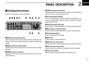 Page 9PANEL DESCRIPTION2
6
Component screen
See the on-line help for more information.
qBANK (memory bank) button
Used to change the memory bank number indication and
memory bank name indication when using the component
screen.
wBANK (memory bank) indicator
Indicates the memory bank (and its name if it has one) being
received.
eMEMO (memory) indicator
Indicates the memory channel (and its name if it has one)
being received.rFREQ (frequency) indication
Indicates the receive frequency and data as it is being...