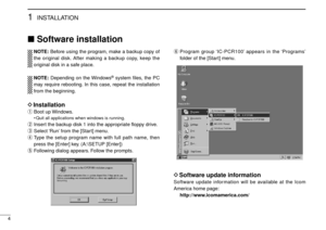 Page 84
1INSTALLATION
Software installation
NOTE:Before using the program, make a backup copy of
the original disk. After making a backup copy, keep the
original disk in a safe place.
NOTE:Depending on the Windows
®system ﬁles, the PC
may require rebooting. In this case, repeat the installation
from the beginning.
DInstallation
qBoot up Windows.
•Quit all applications when windows is running.
wInsert the backup disk 1 into the appropriate ﬂoppy drive.
eSelect ‘Run’from the [Start] menu.
rType the setup...