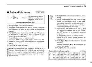 Page 315REPEATER OPERATION
26
Subaudible tones
➀Push [BAND] to select the desired band.
➁Select the mode/channel you wish to set the subaudible
tone frequency to, such as VFO mode or memory/call
channel.
➂Push [SET] one or more times until “T” and “rT” appears
for repeater use; or until “T SQL” and “CT” appears for tone
squelch or pocket beep use.
•Push [MONI] to reverse the order of selection.
•Cancel the DTMF memory encoder function in advance. (p. 48)
➃Rotate the tuning dial to select and set the desired...