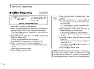 Page 325REPEATER OPERATION
27
Offset frequency
➀Push [BAND] to select the desired band.
➁Select the mode/channel you wish to set the offset fre-
quency to, such as VFO mode or memory/call channel.
•The offset frequency can be independently programmed into
each mode or channel.
➂Push [SET] one or more times until “DUP” appears and
ﬂashes as shown above.
•Pushing [MONI] reverses the order of selection.
•Cancel the DTMF memory encoder in advance. (p. 48)
➃Rotate the tuning dial to set the desired frequency....