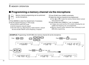 Page 366MEMORY OPERATION
31
Programming a memory channel via the microphone
Memory channel programming can be performed
via the microphone.
ÄPush [BAND] to select the desired band, if necessary.
ÅSet the desired frequency in VFO mode:
➥Push [VFO] to select VFO mode.
➥Set the frequency using the keypad.
➥Set other data (e.g. offset frequency, duplex direction, subaudi-
ble tone encoder ON/OFF and its frequency), if required.
ÇPush [FUNC] then [EMW] momentarily.
ÉSelect the memory channel to be programmed:
➥Push...