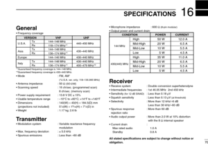 Page 75SPECIFICATIONS16
70
General
•Frequency coverage
VERSIONVHFUHF
144–148 MHz440–450 MHz
Asia144–148 MHz430–440 MHz
Europe144–146 MHz430–440 MHz
Italy144–148 MHz430–440 MHz
Tx
Rx136–174 MHz*1
Tx
Rx136–174 MHz*1400–479 MHz*2
*1Guaranteed frequency coverage is 144–148 MHz.
*2Guaranteed frequency coverage is 430–440 MHz.
•Mode : FM, AM*
(*U.S.A. ver. only; 118–135.995 MHz)
•Antenna impedance : 50 Ω(SO-239)
•Scanning speed : 16 ch/sec. (programmed scan)
8 ch/sec. (memory scan)
•Power supply requirement : 13.8 V...