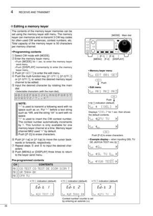 Page 5035
4RECEIVE AND TRANSMIT
The contents of the memory keyer memories can be
set using the memory keyer edit menu. The memory
keyer can memorize and re-transmit 3 CW key codes
for often-used CW sentences, contest numbers, etc.
Total capacity of the memory keyer is 50 characters
per memory channel.
•Programming contents
qSelect CW mode with [MODE].
wEnter the memory keyer menu.
• Push[MODE] for 1 sec. to enter the memory keyer
send menu.
• Push
[DISPLAY] momentarily to enter the memory
keyer menu.
ePush...