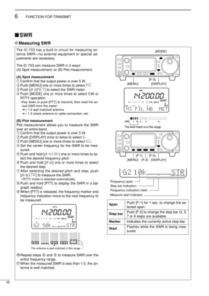 Page 7055
6FUNCTION FOR TRANSMIT
The IC-703 has a built-in circuit for measuring an-
tenna SWR—no external equipment or special ad-
justments are necessary.
The IC-703 can measure SWR in 2 ways:
(A) Spot measurement; or (B) Plot measurement.
(A) Spot measurement
qConﬁrm that the output power is over 5 W.
wPush [MENU] one or more times to select M3.
ePush [
(F-3)MET] to select the SWR meter.
rPush [MODE] one or more times to select CW or
RTTY operation.
• Key down or push [PTT] to transmit; then read the ac-...