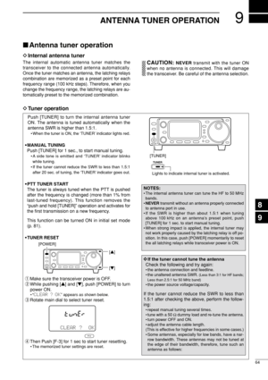 Page 799
64
ANTENNA TUNER OPERATION
The internal automatic antenna tuner matches the
transceiver to the connected antenna automatically.
Once the tuner matches an antenna, the latching relays
combination are memorized as a preset point for each
frequency range (100 kHz steps). Therefore, when you
change the frequency range, the latching relays are au-
tomatically preset to the memorized combination.CAUTION:NEVERtransmit with the tuner ON
when no antenna is connected. This will damage
the transceiver. Be careful...