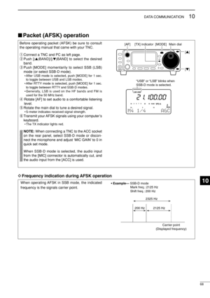 Page 8368
10DATA COMMUNICATION
Before operating packet (AFSK) be sure to consult
the operating manual that came with your TNC.
qConnect a TNC and PC as left page.
wPush [
(Y)BAND]/[(Z)BAND] to select the desired
band.
ePush [MODE] momentarily to select SSB (LSB)
mode (or select SSB-D mode).
• After USB mode is selected, push [MODE] for 1 sec.
to toggle between USB and LSB modes.
• After RTTY mode is selected, push [MODE] for 1 sec.
to toggle between RTTY and SSB-D modes.
• Generally, LSB is used on the HF bands...