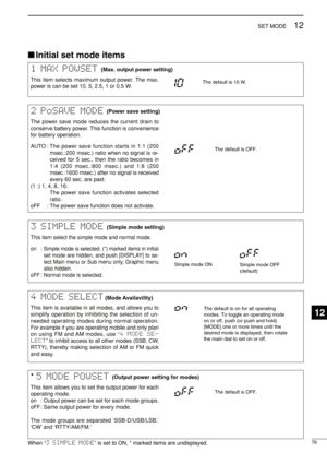 Page 91When “3 SIMPLE MODE” is set to ON, * marked items are undisplayed.76
12SET MODE
4 MODE SELECT(Mode Availavility)
This item is available in all modes, and allows you to
simplify operation by inhibiting the selection of un-
needed operating modes during normal operation.
For example if you are operating mobile and only plan
on using FM and AM modes, use “4  MODE  SE-
LECT” to inhibit access to all other modes (SSB, CW,
RTTY), thereby making selection of AM or FM quick
and easy.
The default is on for all...