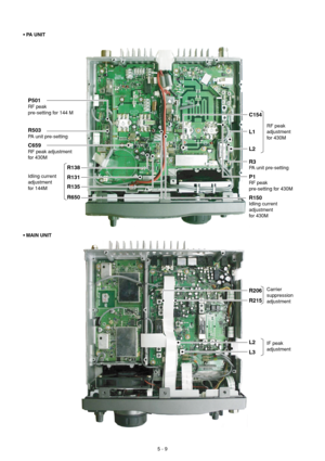 Page 275 - 9
Idling current
adjustment
for 144M
R135 R131 R138
• PA UNIT
• MAIN UNIT
R3
PA unit pre-setting
P1
RF peak
pre-setting for 430M
R150
Idling current 
adjustment
for 430M
IF peak 
adjustment
L3 L2
Carrier
suppression 
adjustment 
R215 R206
C154
RF peak 
adjustment 
for 430M 
L2 L1C659
RF peak adjustment
for 430M
R503
PA unit pre-setting
P501
RF peak
pre-setting for 144 M
R650 