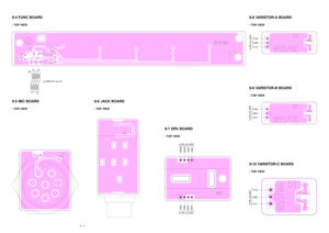 Page 799 - 3
9-4 FUNC BOARD• TOP VIEW
KST1
KST3
KRT1KST2
J1
1526
to DISPLAY unit J3
KRT0GND
9-8 VARISTOR-A BOARD• TOP VIEW
V-A2
GND
V-A1to PA unit J652
9-5 MIC BOARD• TOP VIEW
9-6 JACK BOARD• TOP VIEW
9-7 DRV BOARD• TOP VIEW
DRVO
DRVO
GND
GND GND
GND
DRVI
DRVIto PA unit J932
to PA unit J931
9-9 VARISTOR-B BOARD• TOP VIEW
V-B2
GND
V-B1to PA unit J6539-10 VARISTOR-C BOARD• TOP VIEW
V-C2
GND
V-C1to PA unit J651 