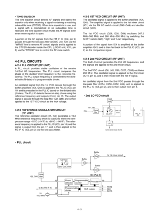 Page 94 - 3
• TONE SQUELCH
The tone squelch circuit detects AF signals and opens the
squelch only when receiving a signal containing a matching
subaudible tone (CTCSS). When tone squelch is in use, and
a signal with a mismatched or no subaudible tone is
received, the tone squelch circuit mutes the AF signals even
when noise squelch is open.
A portion of the AF signals from the FM IF IC (IC2, pin 9)
passes through the low-pass filter (LOGIC unit; IC9) via the
“WFMS” line to remove AF (voice) signals and is...