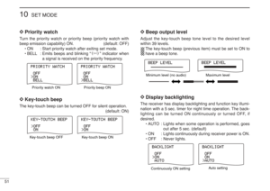 Page 6451
10
SET MODE
D D
Priority watch
Turn the priority watch or priority beep (priority watch with
beep emission capability) ON. (default: OFF)
•ON: Start priority watch after exiting set mode.
•BELL : Emits beeps and blinking “S” indicator when
a signal is received on the priority frequency.D D
Key-touch beepThe key-touch beep can be turned OFF for silent operation.
(default: ON)
D D
Beep output levelAdjust the key-touch beep tone level to the desired level
within 39 levels.
The key-touch beep (previous...