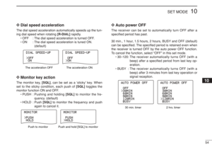 Page 6754
10
SET MODE
D D
Dial speed acceleration
The dial speed acceleration automatically speeds up the tun-
ing dial speed when rotating [R-DIAL]rapidly.
•OFF : The dial speed acceleration is turned OFF.
•ON: The dial speed acceleration is tuned ON. 
(default)D D
Monitor key actionThe monitor key, [SQL], can be set as a ‘sticky’ key. When
set to the sticky condition, each push of [SQL]toggles the
monitor function ON and OFF.
•PUSH : Pushing and holding [SQL]to monitor the fre-
quency. (default)
•HOLD : Push...