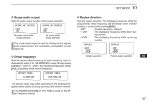 Page 6956
10
SET MODE
D D
Scope audio output
Sets the audio output function while scope operation.
The scope audio output is used for ﬁnding out the signals
while scope function are modulated, unmodulated or beet
signal etc.D D
Offset frequencySets the duplex offset frequency for each frequency band in-
dependently within 0 to 159.99999 MHz range. During duplex
operation (–DUP or +DUP), the monitoring frequency (while
[SQL]is pushed) shifts the set frequency. 
The default value may differ according to the...