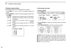 Page 7865
11
OTHER FUNCTIONS
• Playback speed settingThe playback speed can be selected from 5 speeds.
qPush [■
≈
≈]for 1 sec. to enter the playback speed set
mode.
wRotate [R-DIAL]to select the desired playback speed, then
push [■
≈
≈].
•x x0
0.
.5
50
0
: Playback the recorded content at half speed. 
•x x0
0.
.7
75
5
: Playback the recorded content at three quar-
ters speed.
•x x1
1.
.0
00
0
: Playback the recorded content at normal
speed. (default)
•x x1
1.
.2
25
5
: Playback the recorded content at 1.25...